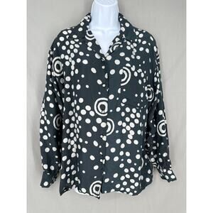 90s Vintage Top Shirt Womens Medium Black Silk Button Artsy Polka Dot